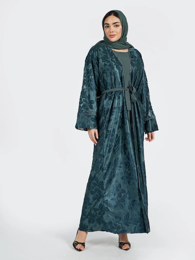 Reem Abayas Forest Green Textured Floral Lace Abaya Set