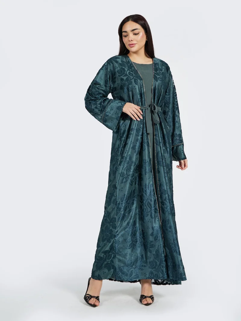 Reem Abayas Forest Green Textured Floral Lace Abaya Set