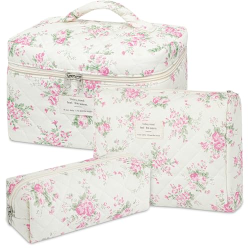senbowe Floral Makeup Bag 3 Pack Large Cotton Quilted Makeup Bag Set Cute Floral Coquette Aesthetic Toiletry Bag Make Up Cosmetic Bag for Women Toiletry Travel Make Up Organizer Bag - Image 1