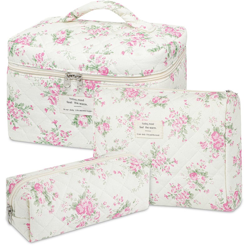 senbowe Floral Makeup Bag 3 Pack Large Cotton Quilted Makeup Bag Set Cute Floral Coquette Aesthetic Toiletry Bag Make Up Cosmetic Bag for Women Toiletry Travel Make Up Organizer Bag - Image 2