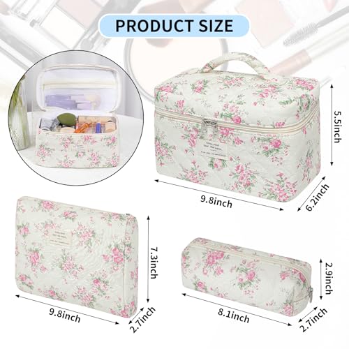 senbowe Floral Makeup Bag 3 Pack Large Cotton Quilted Makeup Bag Set Cute Floral Coquette Aesthetic Toiletry Bag Make Up Cosmetic Bag for Women Toiletry Travel Make Up Organizer Bag - Image 3