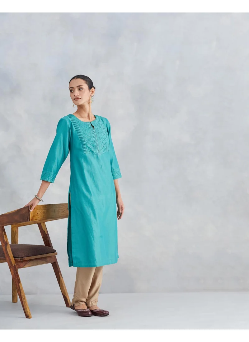 فاب انديا Turquoise Cotton Silk Embroidered Long Kurta