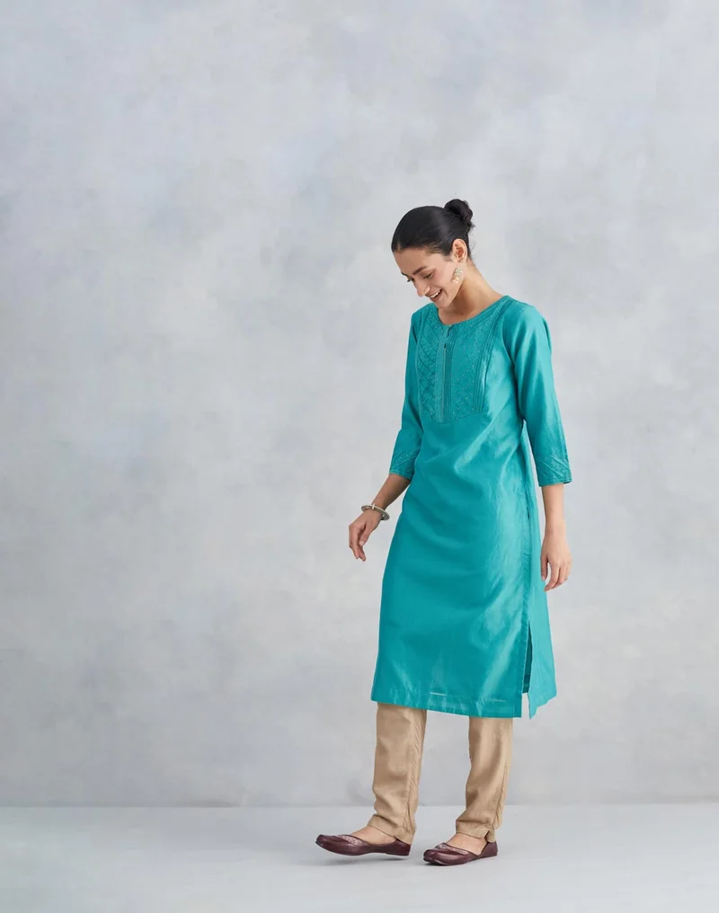 Fabindia Turquoise Cotton Silk Embroidered Long Kurta