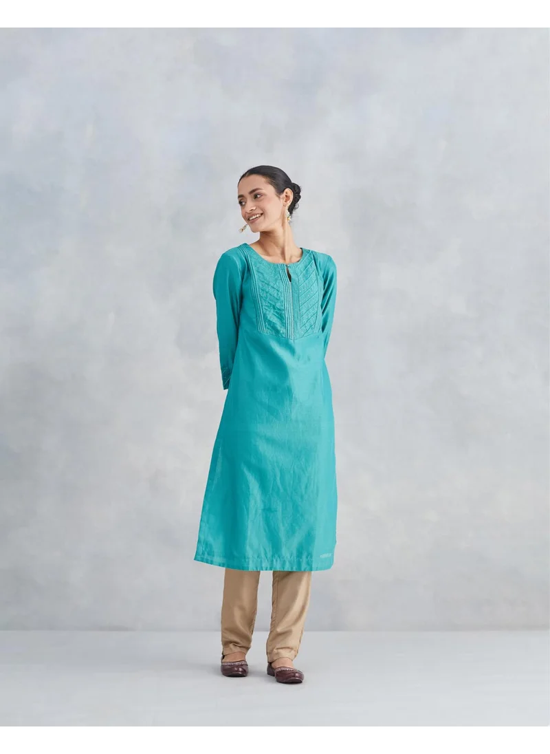 فاب انديا Turquoise Cotton Silk Embroidered Long Kurta