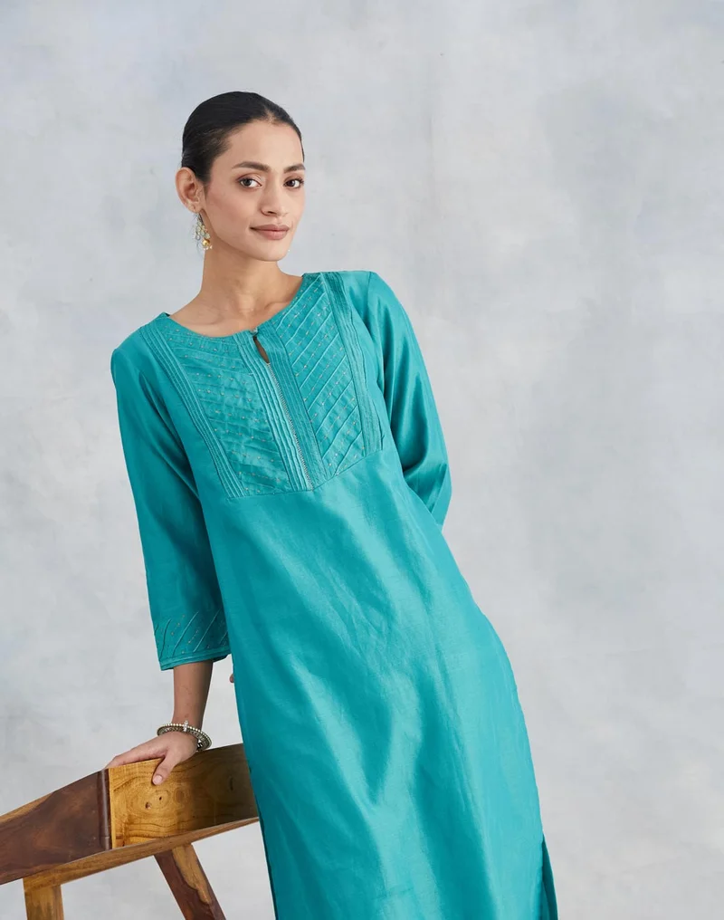 Fabindia Turquoise Cotton Silk Embroidered Long Kurta
