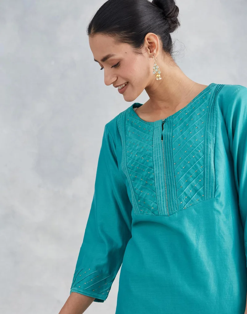 Fabindia Turquoise Cotton Silk Embroidered Long Kurta