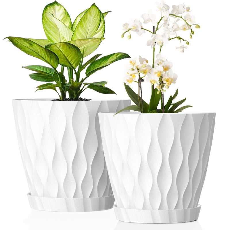 UOUZ 8 Inch Plant Pots 2 Pack Plastic Planters for Indoor Outdoor with Drainage Holes Saucers Waffle Texture Flower Pots for Indoor Plants Indoor Plant Pots for Monstera Fiddle Leaf Fig White - Image 2