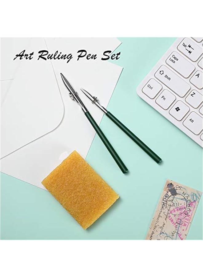 Arabest 6 Pieces Art Ruling Pen 3 Sizes Masking Fluid Pen and 50 x 35 x 5 mm Glue Residue Eraser, Ruling Ink Set for Watercolor Drawing Mounting Art Artists Supplies(Green)  - Image 2