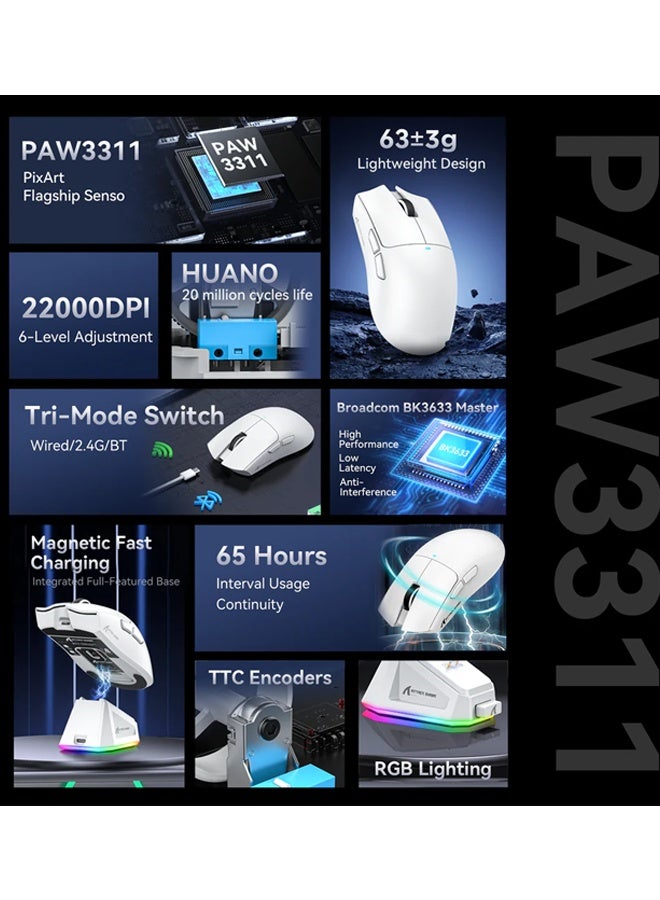 Attack Shark X11 Tri-mode Bluetooth Wireless Gaming Mouse with with Magnetic Charging Dock, Lightweight Anti Slip Mouse, PixArt PAW3311 Sensor, 22K DPI, BT/2.4Ghz/Wired, for PC/MAC  - Image 3