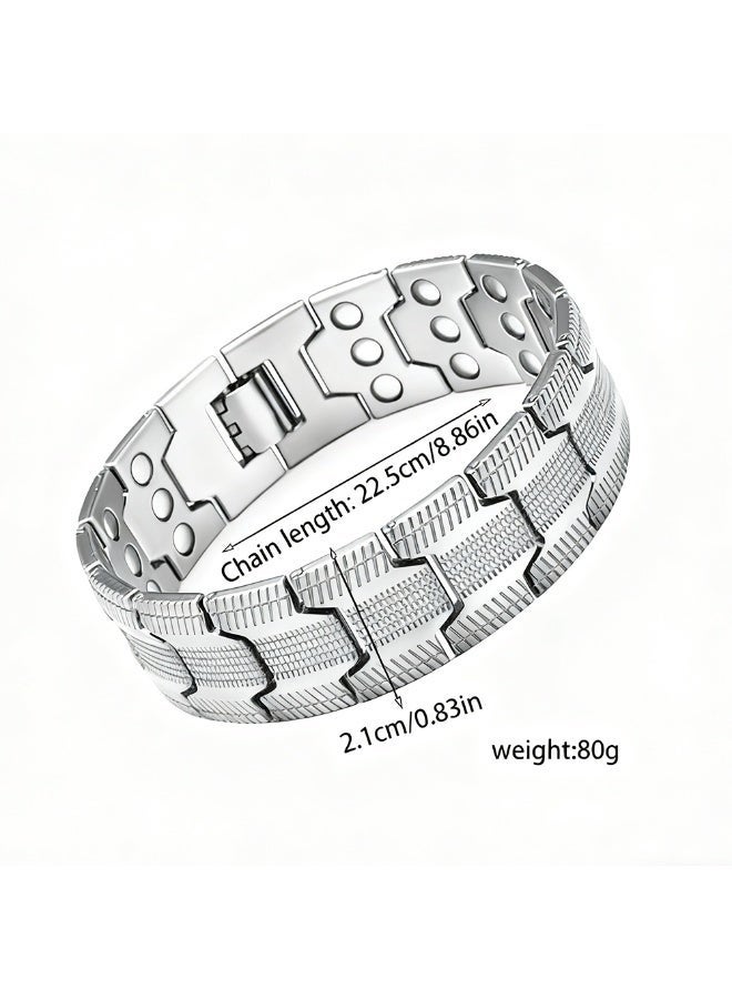 Triple Row Silver Plated Magnetic Therapy Cuff Bracelet, Geometric Stainless Steel Unisex Wellness Bangle for Daily & Business Wear - Image 4