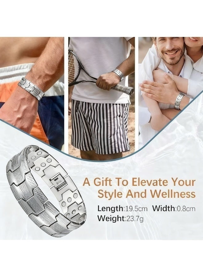 Triple Row Silver Plated Magnetic Therapy Cuff Bracelet, Geometric Stainless Steel Unisex Wellness Bangle for Daily & Business Wear - Image 2