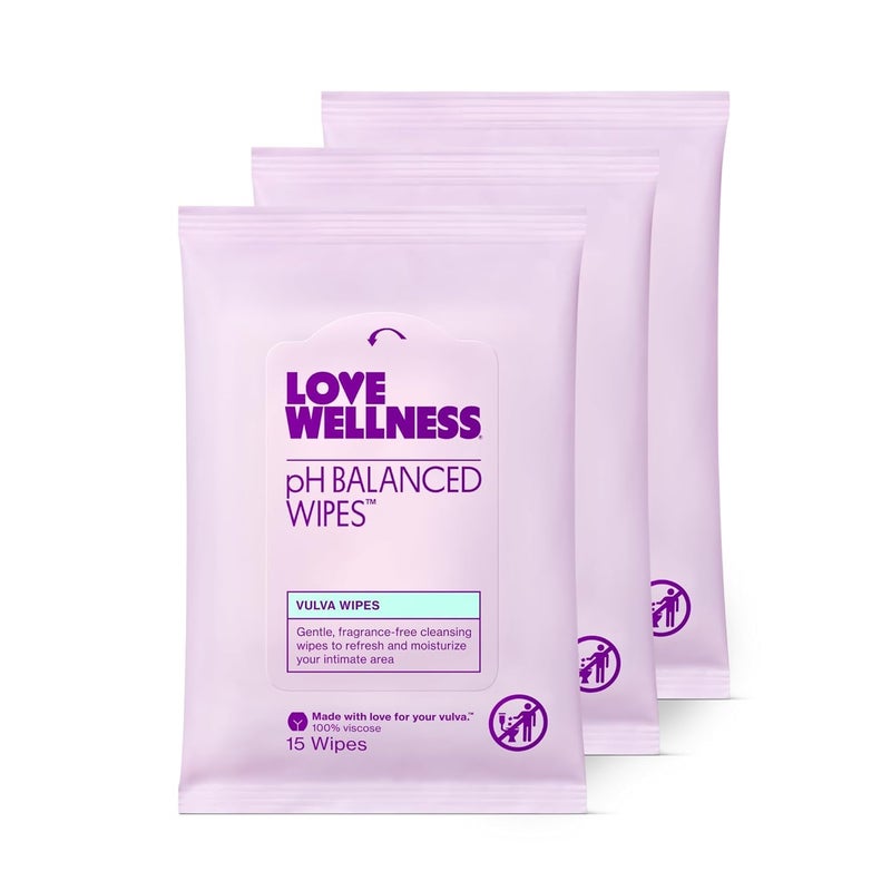 Love Wellness pH Balancing Wipes for Women | Fragrance-Free | Vulva Cleanser for Balanced pH, Intimate Health & Hygiene | Non-Irritating with Aloe Vera for Sensitive Skin | Travel Size | 3-Pack - Image 1