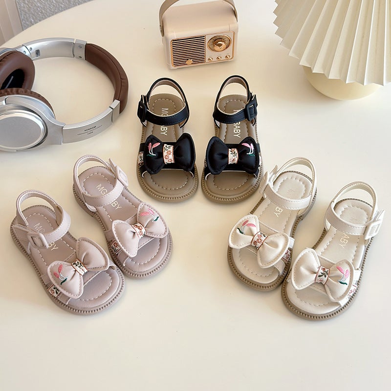 Children'S Chinese Style Princess Sandals 2025 Girls Open Toe Fashion Embroidered Bow Beach Shoes - Image 3