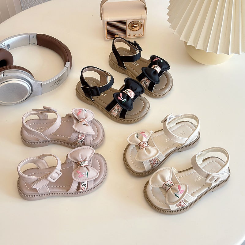 Children'S Chinese Style Princess Sandals 2025 Girls Open Toe Fashion Embroidered Bow Beach Shoes - Image 2