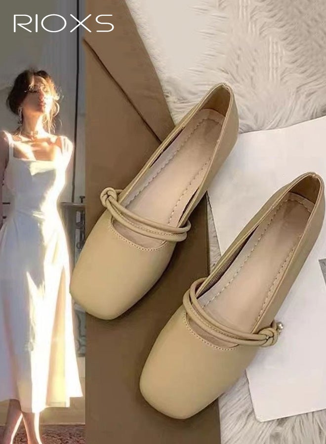 RIOXS Women's Mary Jane Flat Shoes, PU Leather Square Toe Slip On Ballet Flats for Ladies, Classic Comfortable Dressy Business Flats Flats for Office Dating Party Prom, Khaki - Image 3