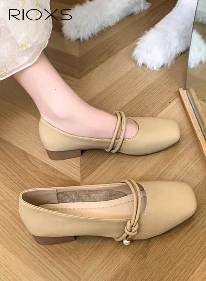 RIOXS Women's Mary Jane Flat Shoes, PU Leather Square Toe Slip On Ballet Flats for Ladies, Classic Comfortable Dressy Business Flats Flats for Office Dating Party Prom, Khaki - Image 1