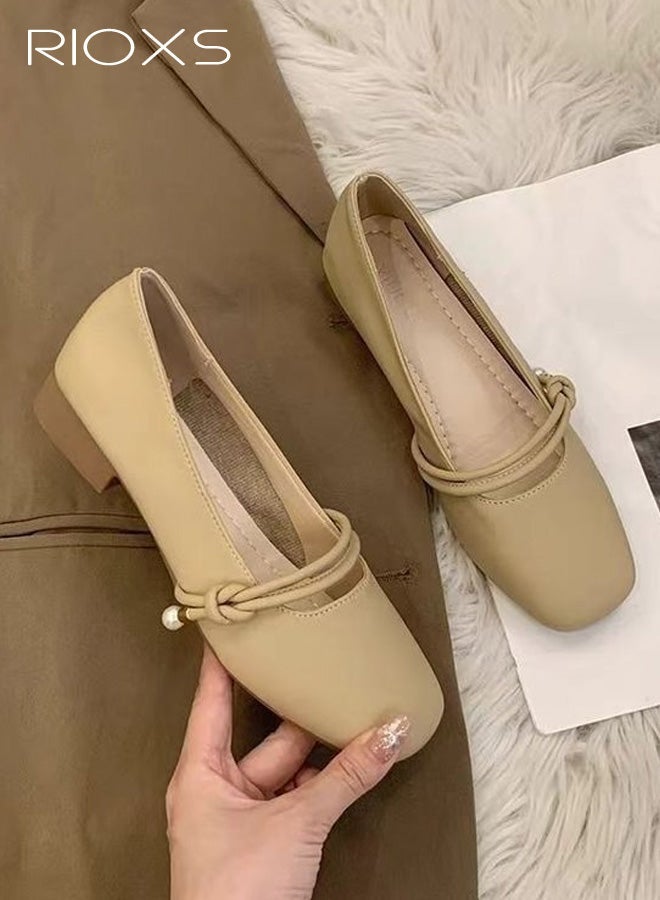 RIOXS Women's Mary Jane Flat Shoes, PU Leather Square Toe Slip On Ballet Flats for Ladies, Classic Comfortable Dressy Business Flats Flats for Office Dating Party Prom, Khaki - Image 3