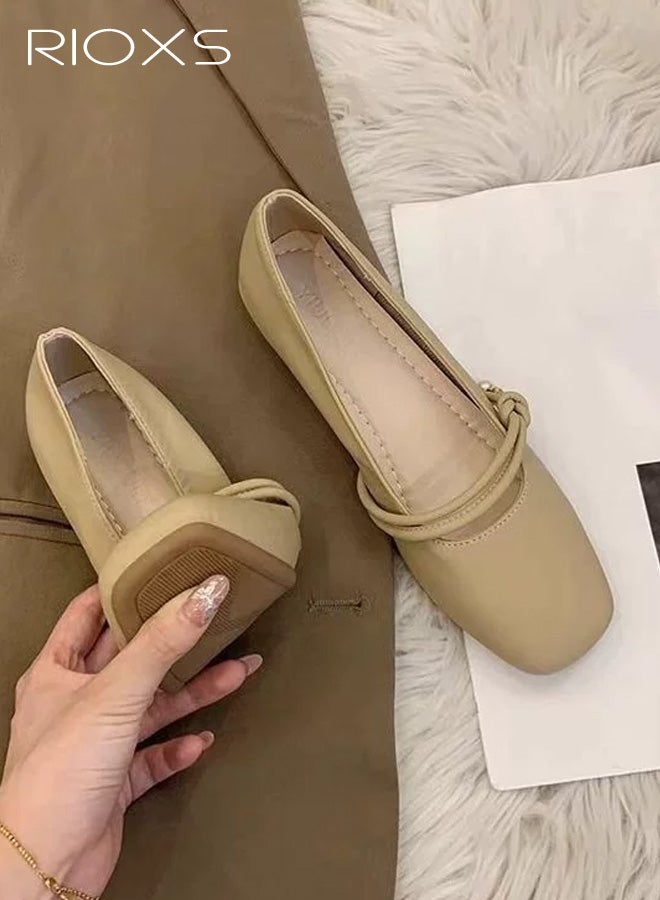 RIOXS Women's Mary Jane Flat Shoes, PU Leather Square Toe Slip On Ballet Flats for Ladies, Classic Comfortable Dressy Business Flats Flats for Office Dating Party Prom, Khaki - Image 2
