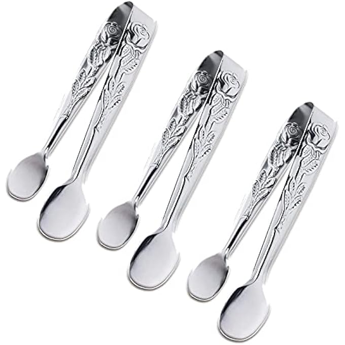 Bukela 3Pcs Mini Serving Tongs 4Inch Rose Stainless Steel Sugar Cube Tongs Silver - Image 1