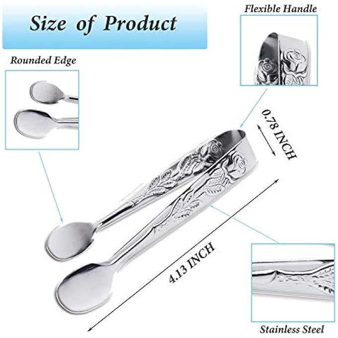 Bukela 3Pcs Mini Serving Tongs 4Inch Rose Stainless Steel Sugar Cube Tongs Silver - Image 3