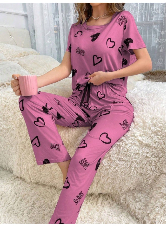 أم أتش دي طقم بيجامة كاجوال نسائي من تي شيرت بأكمام قصيرة ورقبة دائرية وطبعة قلب وبنطلون برباط خصر - Image 3