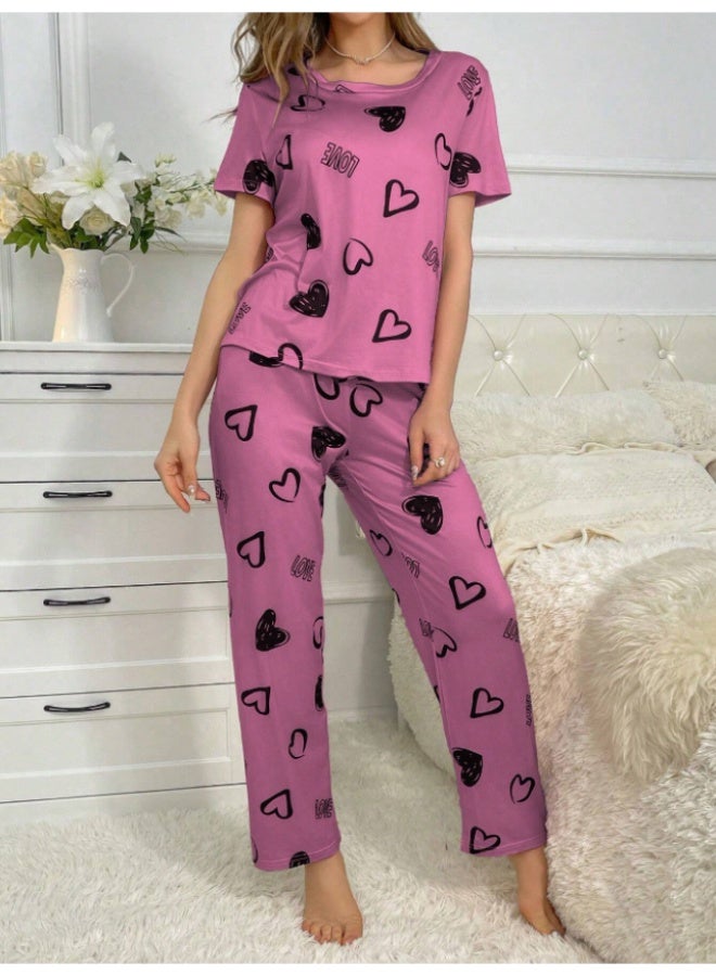 أم أتش دي طقم بيجامة كاجوال نسائي من تي شيرت بأكمام قصيرة ورقبة دائرية وطبعة قلب وبنطلون برباط خصر - Image 5
