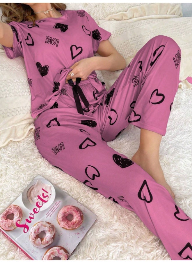 أم أتش دي طقم بيجامة كاجوال نسائي من تي شيرت بأكمام قصيرة ورقبة دائرية وطبعة قلب وبنطلون برباط خصر - Image 1