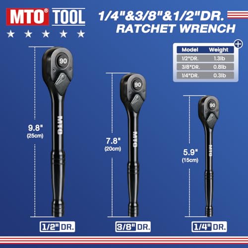 MTO 3-Piece 90 Tooth Ratchet Wrench Set, 1/4”, 3/8”, 1/2” Drive Reversible Ratchets, Ergonomic Handle, Chrome Alloy Made, Quick Release Ratchet - Image 2