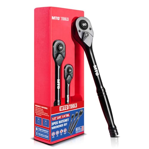 MTO 3-Piece 90 Tooth Ratchet Wrench Set, 1/4”, 3/8”, 1/2” Drive Reversible Ratchets, Ergonomic Handle, Chrome Alloy Made, Quick Release Ratchet - Image 1