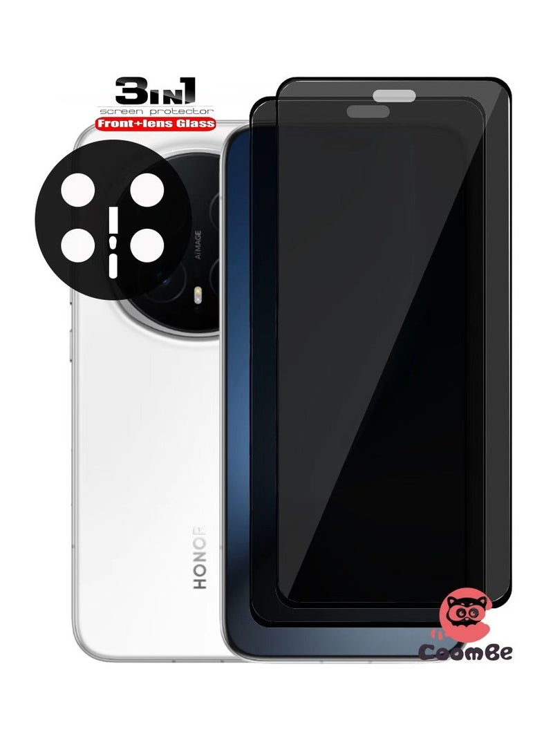 واقي شاشة 3 في 1 للخصوصية لهاتف Honor Magic 8 Pro، قطعتان من الزجاج المقوى المضاد للتجسس وقطعة واحدة من غشاء العدسة، مقاوم للخدش، مضاد لبصمات الأصابع، خالٍ من الفقاعات، غشاء زجاجي مقوى 9H