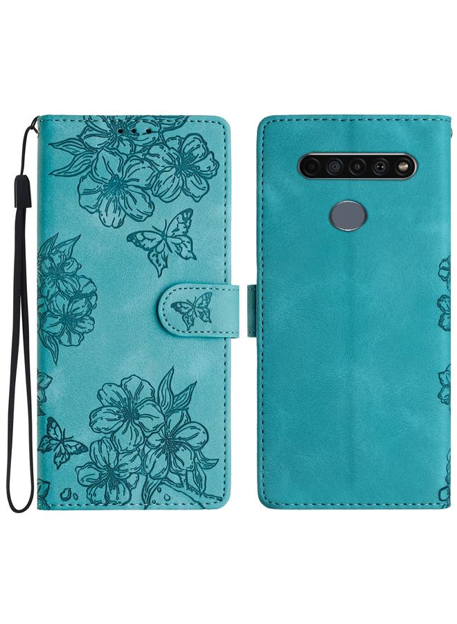 جراب هاتف LG K51S من مادة البولي يوريثان المنقوشة على شكل فراشة وزهر الكرز (أخضر)