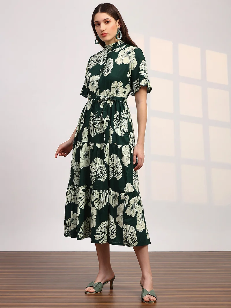 globus Globus Women Green Floral Print Mandarin Collar Ruffle Sleeve Waist Tie-Ups Fit and Flare Midi Fusion Dress