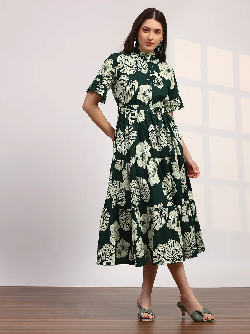 globus Globus Women Green Floral Print Mandarin Collar Ruffle Sleeve Waist Tie-Ups Fit and Flare Midi Fusion Dress