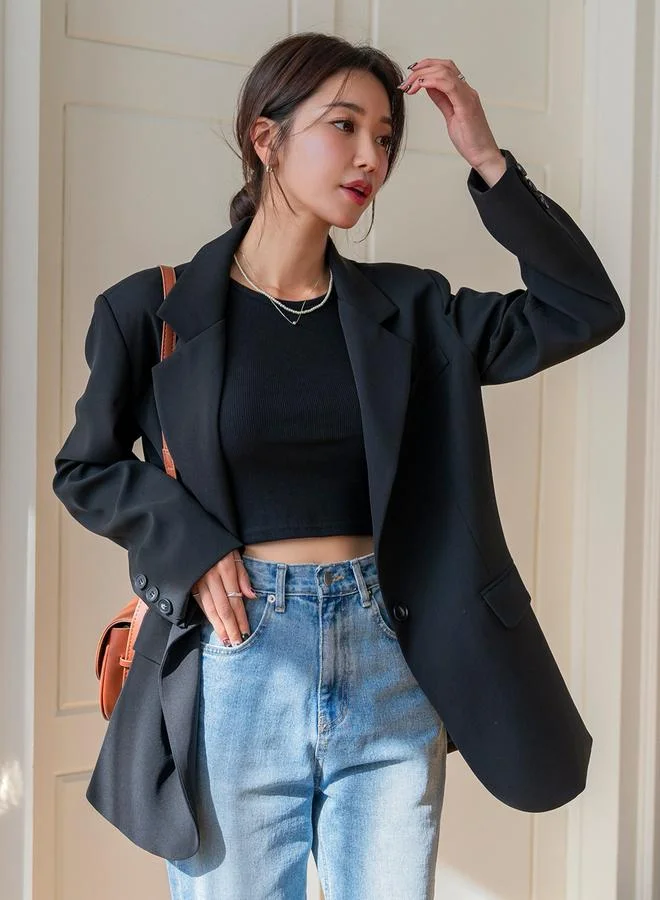 Take Two Take Two Black Buttoned Blazer with Back Split Detail