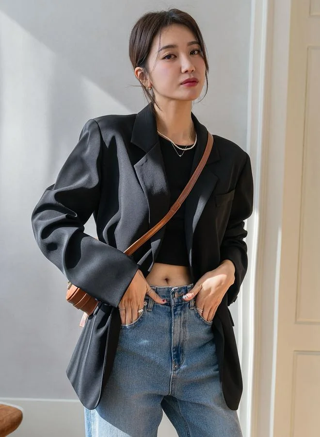 Take Two Take Two Black Buttoned Blazer with Back Split Detail