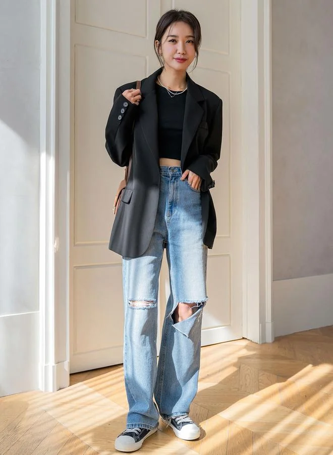 تايك تو بليزر أسود بأزرار مع فتحة خلفية