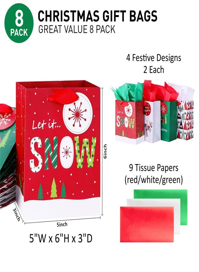 SUNCOLOR 8 Pack Small Christmas Gift Bags with Tissue Paper, 6x5x3 Inch, Small Holiday Paper Bags, Red Green White - Image 2