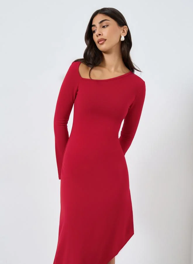 Take Two Take Two Solid Long Sleeve Asymmetric Hem Midi Dress