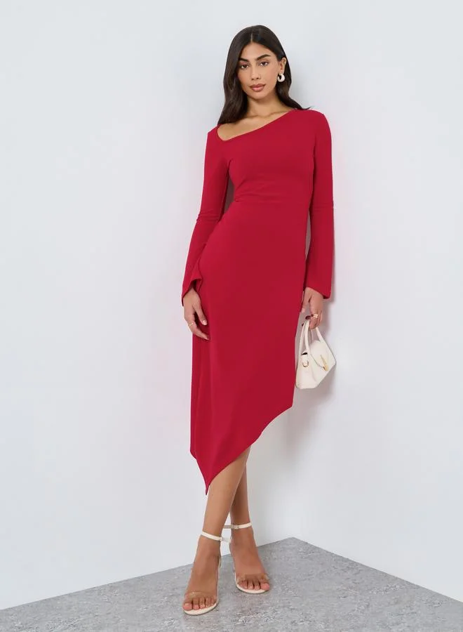 Take Two Take Two Solid Long Sleeve Asymmetric Hem Midi Dress