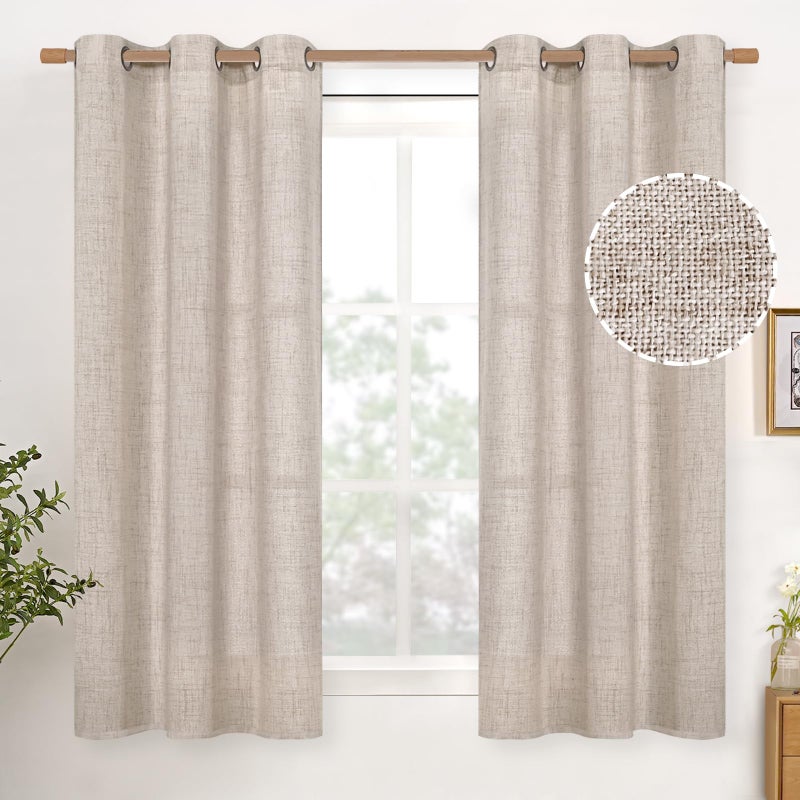 YoungsTex Natural Linen Curtains 48 Inches Length for Living Room Windows, Short Semi Sheer Drapes Light Filtering with Bronze Grommet for Bedroom, 2 Panels, 42 X 48 Inch - Image 1