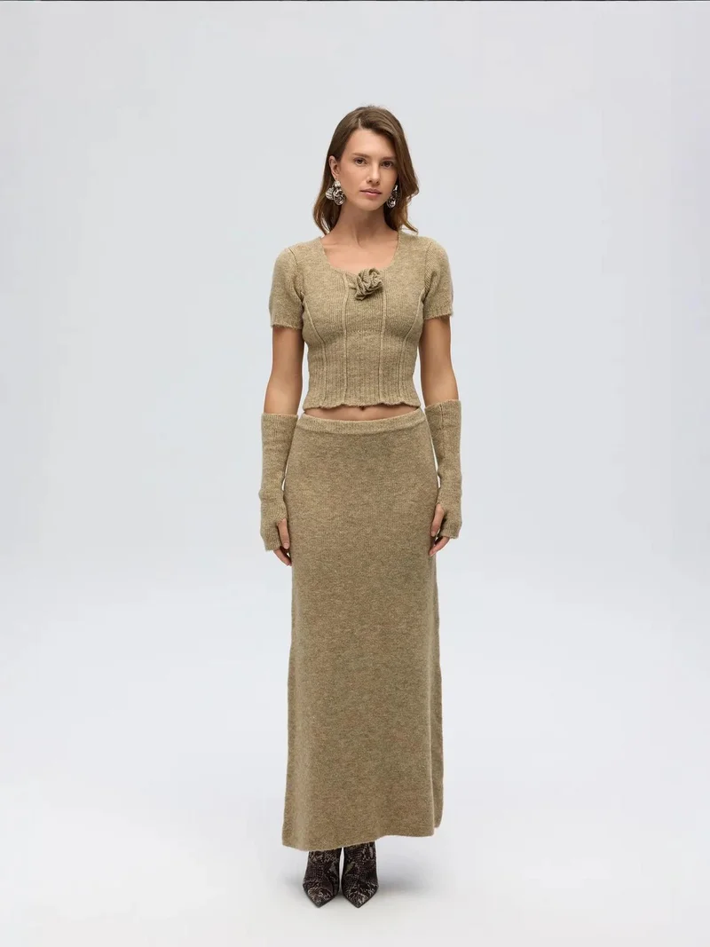 Mai Collection MAI Ribbed Knit Two-Piece Set with High-Waist Skirt