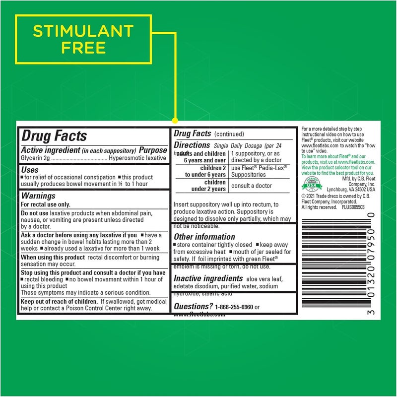 Fleet تحاميل الجلسرين الملينة للبالغين لعلاج الإمساك، وعاء ملين باللوفيرا، 50 قطعة - Image 2