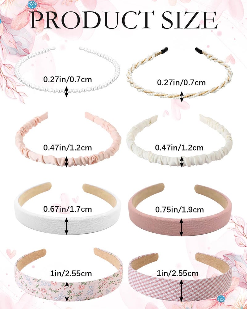 JELIEE Headbands For Women Girls 8 Pcs Fashion Wide Floral Padded Headband Cute Pearl Headband Hair Bands Accessories(Pink & White) - Image 3