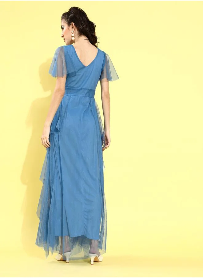U&F Mesh Insert Ruffled A-Line Maxi Dress by Styli