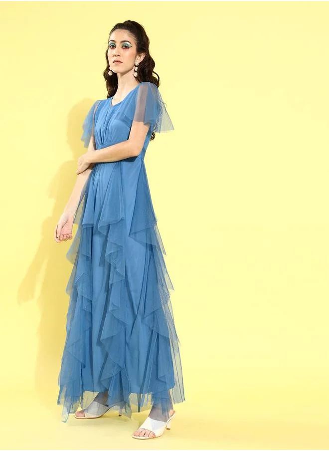 U&F Mesh Insert Ruffled A-Line Maxi Dress by Styli
