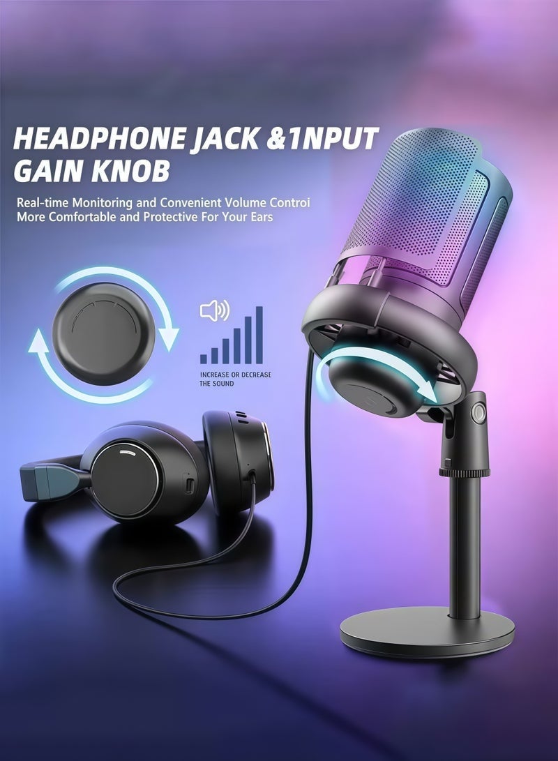 ميكروفون الألعاب مع التحكم في مستوى الصوت ومرشح البوب ​​ومقبس مراقبة الصدمات وميكروفون مكثف كتم الصوت السريع مع إضاءة RGB لجهاز PS4/ PS5/ Mac وميكروفون USB للكمبيوتر الشخصي وميكروفون سطح المكتب لتسجيل بث Twitch Discord YouTube - Image 2