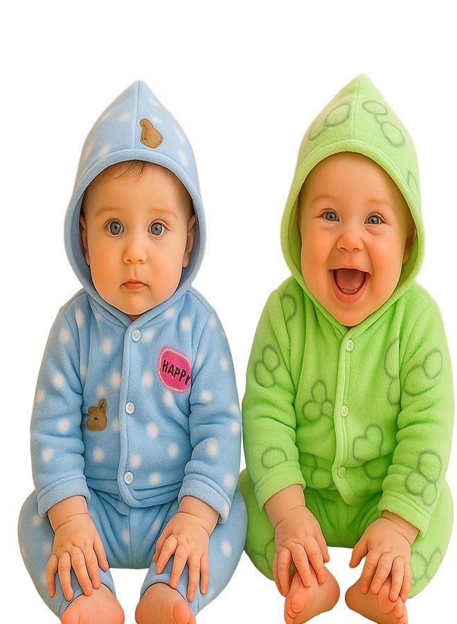 Infantbond by Fareto New Born Baby Winter Wear Hooded Shirt & Pyjama Set - Pack of 2 | 0-3 Months | Soft & Warm | Unisex (Colors May Vary) Multicolour - Image 1
