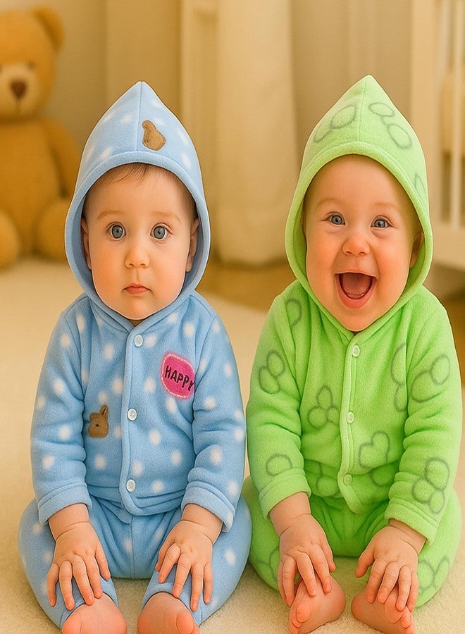 Infantbond by Fareto New Born Baby Winter Wear Hooded Shirt & Pyjama Set - Pack of 2 | 0-3 Months | Soft & Warm | Unisex (Colors May Vary) Multicolour - Image 2
