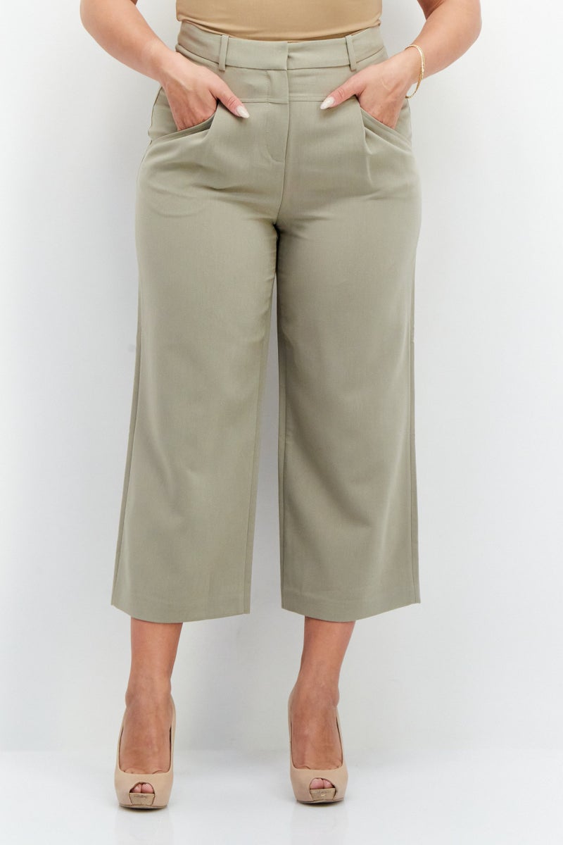 ESPRIT Women Solid High Waist Capri Pants, Pale Khaki  - Image 1