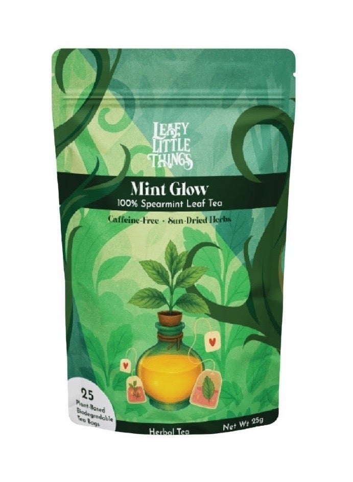 LEAFY LITTLE THINGS Mint Glow Herbal Tea Bags | 100% Spearmint Leaves | Digestive & Hormone Balance Tea | Caffeine-Free | 25 Tea Bags - Image 1